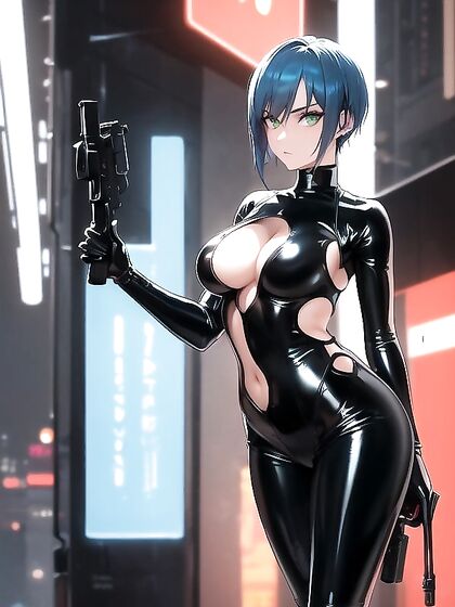 Neon-Lit Cyberpunk Alley: Piercing Green Eyes and Full Body hentai Excitement