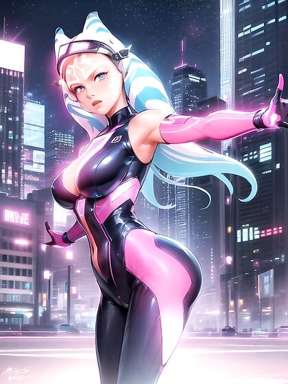 Glowing City Vibes: Neon Lights and Futuristic Skyscrapers Enhance Her Sensual Pose with Mech