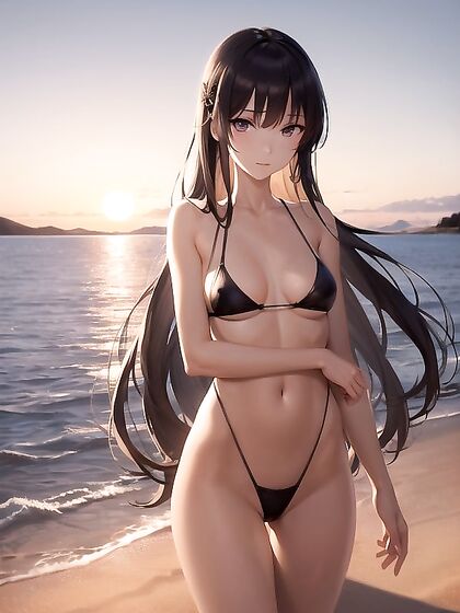 Silhouetted Passion: Golden Hour Seduction on the Beach with Distant Mountain Views