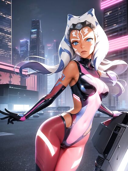 Neon-Lit Cityscape Where She Poses Dynamically Among Futuristic Skyscrapers and Mechs