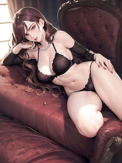 Wavy Chestnut-Haired Woman Seduces on Velvet Chaise in Luxury Boudoir Hentai