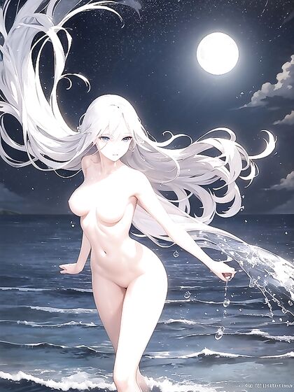 Silver-Haired Beauty Stands Modestly on Moonlit Beach in Seductive Hentai Action