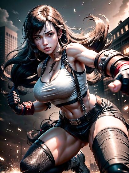 Mid-battle Twilights: Detailed Midgar Cityscape with Debris as She Shows Off Her Intricate Outfit