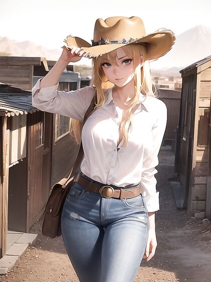 Rugged CowBoy 18+ Stands Boldly Outside Saloon with Partially Unbuttoned Shirt in Hentai Action