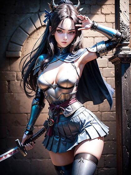 Skinny Pale Brunette in Knight Cosplay Teases Seductively on Castle Walls in hentai AIPorn