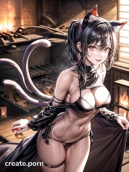 Fiery CatGirl 18+ with Blaze Ears and Tails Teasing in a Flames-Hot Hentai Scene