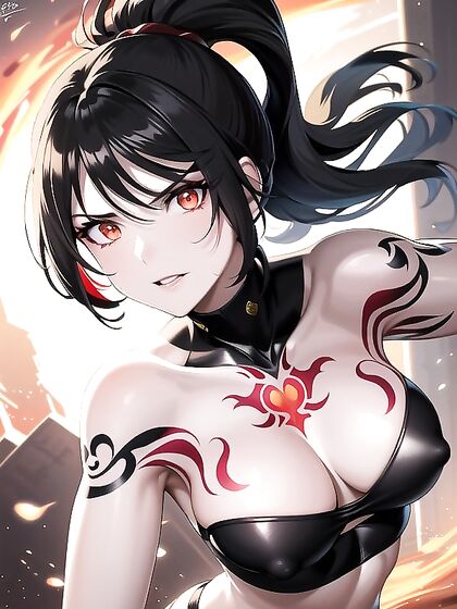 Glowing Red-Eyed Beauty with Black Hair Seduces in Grey-Skinned Hentai Action