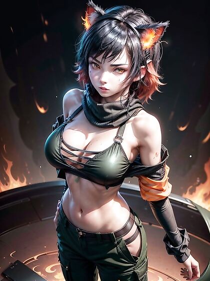 Flames Cover Ears in Dark Burning City: Red Sparks Fly in Intense Hentai Action