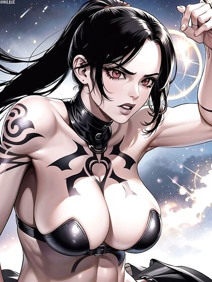 Dark-Skinned Beauty with Black Lipstick and Round Face in Seductive Hentai Action