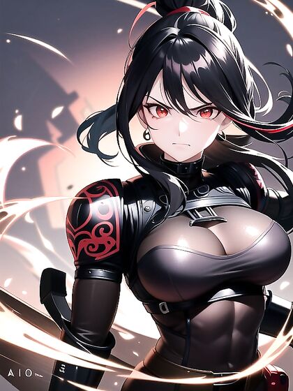 Round-Faced Beauty with Black Lipstick and Hair in Seductive Hentai Action