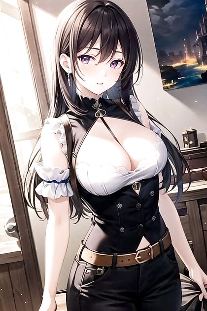 Piercing Blue-Eyed Warrior With Lace-Up Cleavage Wields Dual Daggers in Seductive Hentai AI Image