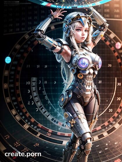 Half-Shaved Mech Goddess Surrounded by Robotic Wings and Holographic Equations
