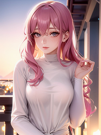 Dreamy Bokeh Lights Enhance Her Freckled Beauty and Flowing Ombre Waves in Seductive Hentai