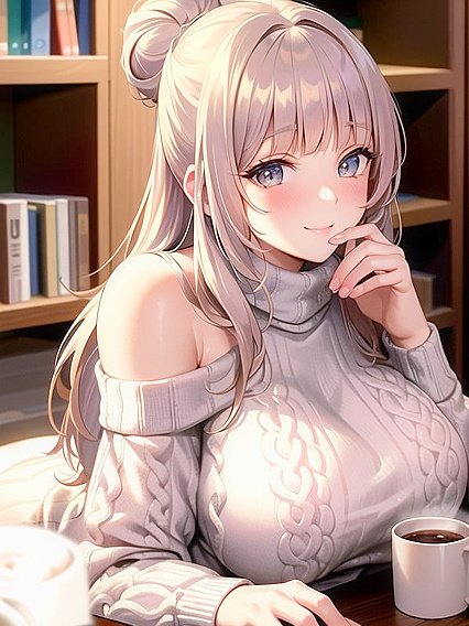 Chunky Sweater Slipping Off Shoulder, Seductive Smile with Gentle Lip Bite in Oversized Hentai