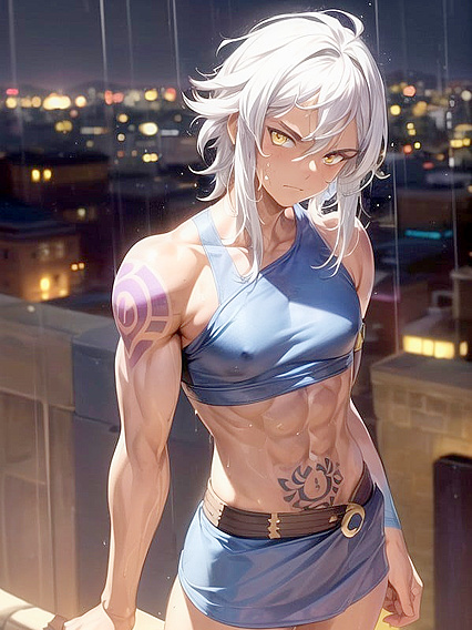 Muscular Man with Yellow Eyes and White Hair Takes on Intense Hentai Action