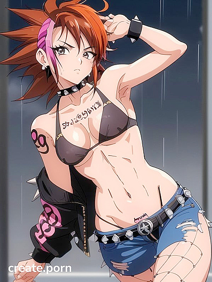 Spiky-Haired Babe in Fingerless Gloves Teases Her Bush in Steamy Hentai Action