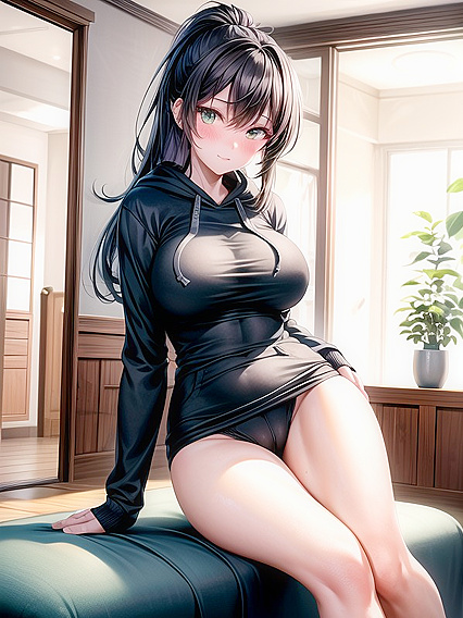 Blushing Pale-Skinned Girl 18+ in Hoodie Smiles Mischievously in Hentai AI Action