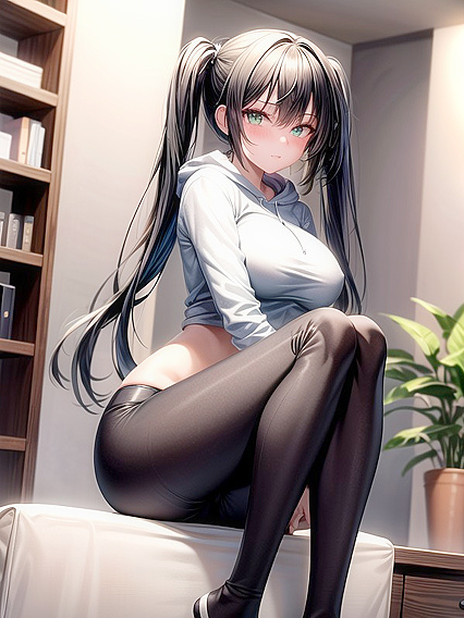 Pigtailed Black-Haired Beauty Stares at You for Steamy Hentai Pleasure