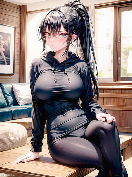 Hooded Beauty with Green Eyes Seduces in Sit-Down Hentai Action