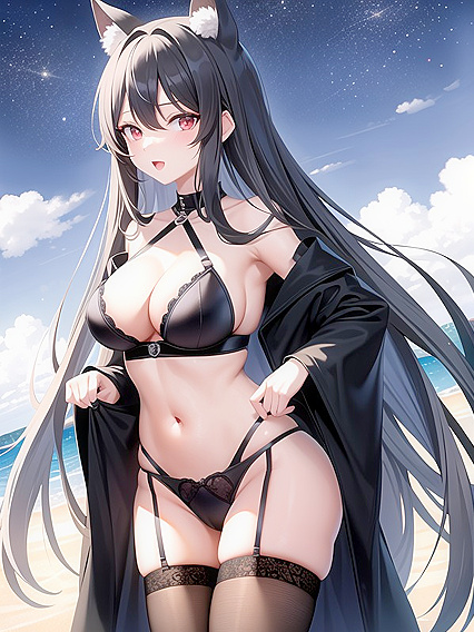 Dark-Skinned Girl 18+ with Grey Hair and Animal Ears Teasing in Black Lingerie and Thigh-Highs