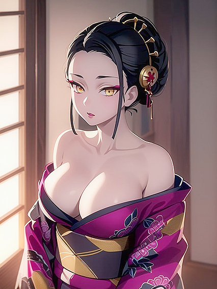 Seductive Black-Haired Beauty with Red Lips Stares into Your Eyes for Steamy hentai Pleasure