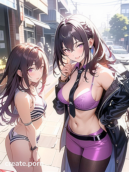 Purple-Haired Model Winks Seductively in Steamy Hentai Scenes
