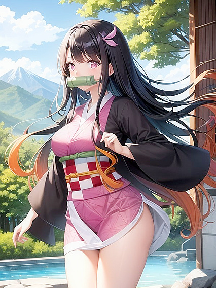 Nezuko from Demon Slayer Enjoying Passionate hentai Moments Amidst Distant Mountain Views
