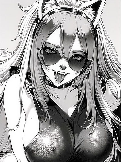 FurryWolf with Sunglasses Teases Long Tongue and Sharp Teeth in B&W Hentai Close-Up