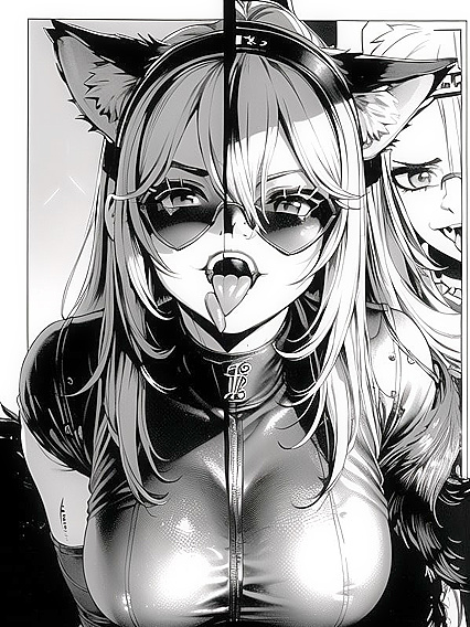 Furry Wolf With Sunglasses Teases Long Tongue in Black & White Hentai Closeup