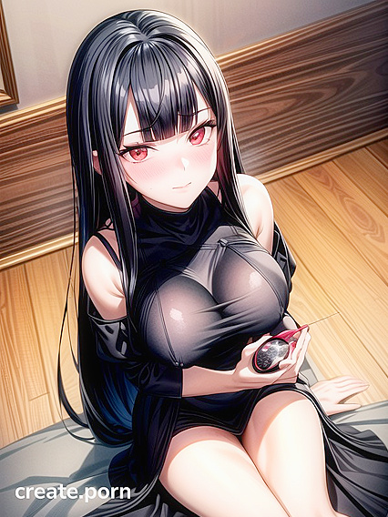 Mischievously Smiling With Blush: Black-Haired Beauty's ThighsExposed Hentai Delight