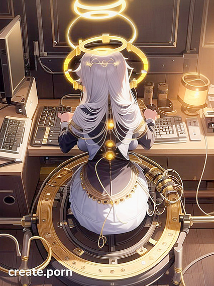 Glowing Mechanical Halo Enhances Church Scene with Computerized Bodypipe Hentai Pleasure