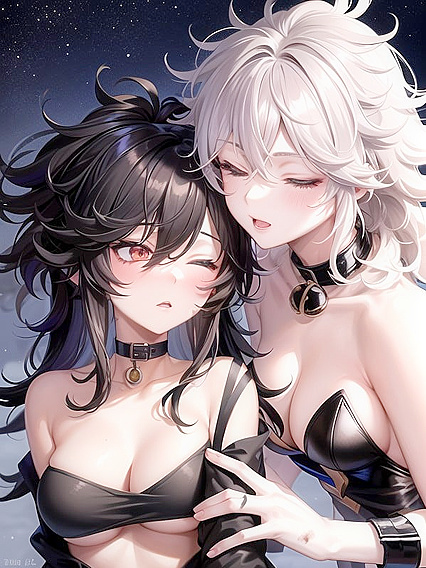 Skinny Gothic beauty with black choker and curly hair teases in hentai AI