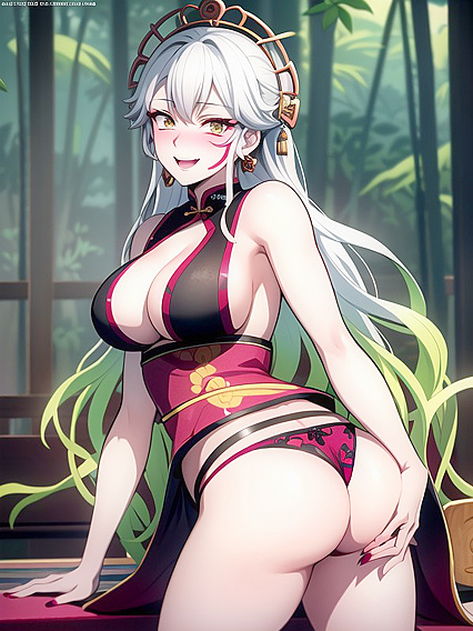 Mischievous Daki in Demon Form Teases with Smiles and Blushes During Supportive Ass Play
