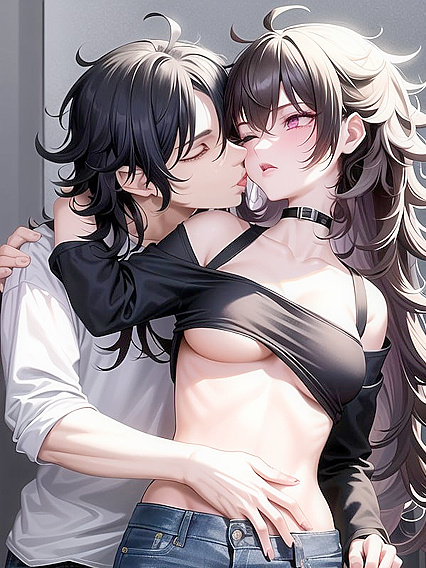 Messy-Haired Couple Lock Lips in Passionate Nighttime Hentai Bliss