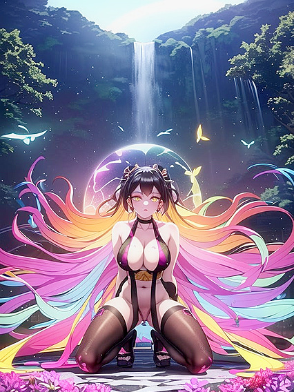 Rainbow-Hued Waterfall Panorama with Seductive Ass in Hentai Action