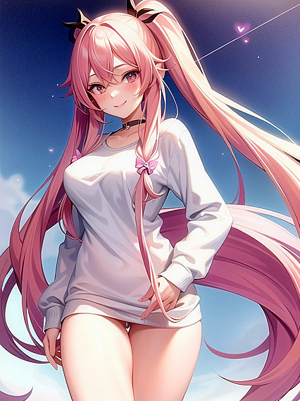 Anime Girl 18+ in Cute Oversized Sweater Enjoying Sexy Fun on Pastel-Colored Background