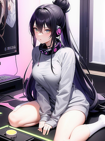 Skeet’s Neon Vibes: Casual Messy Bun and oversized sweatshirt in LED Lit hentai pleasure