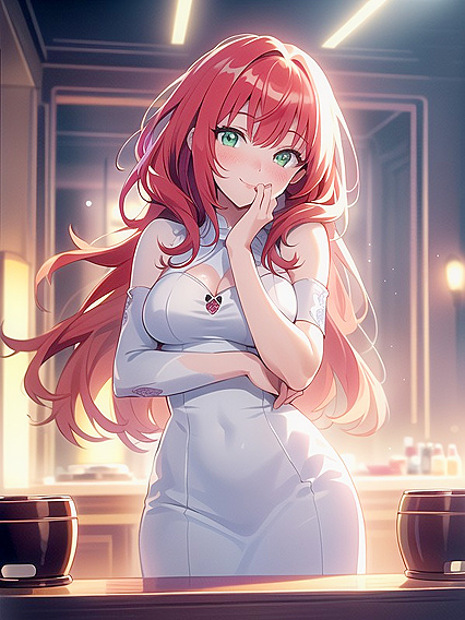 Red-Haired Beauty Touches Her Face in Seductive Busty hentai Scene