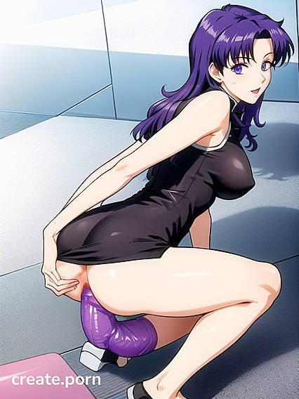 Misato from Evangelion Enjoying Intense Dildo-insertion Pleasure in Front View Hentai