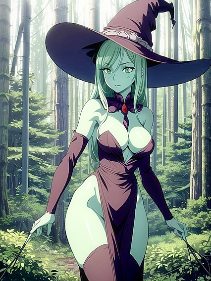 Witch in Seductive Dress and Hat Casts Spells of Pleasure at Midnight
