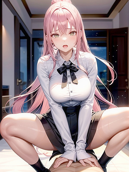 Pink-Haired Beauty with Tan Lines and Elegant Hair Bun Seduces in hentai AI Action