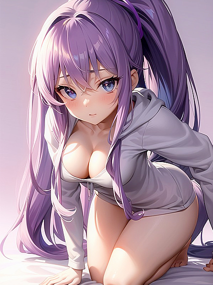 Girl 18+ with Long Wavy Purple Hair in Cozy Hoodie Ties Up for Seductive Hentai Pleasure