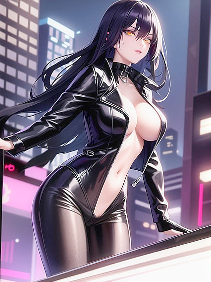 Diamond-Haired Beauty in Black Leather Jacket Explores Neon-City hentai Fantasies