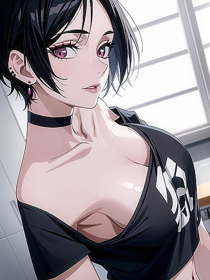 Busty Bust-Shot in Oversized Loose-Fitting Black Graphic T-Shirt Hentai Action