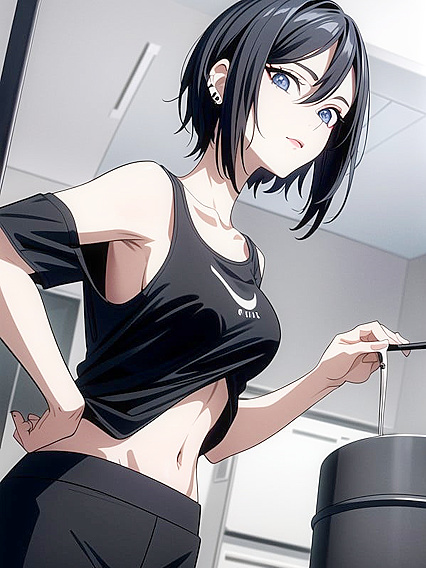 Short-haired Girl 18+ in Loose Black T-Shirt Touches Her Face in Horny Hentai Scene