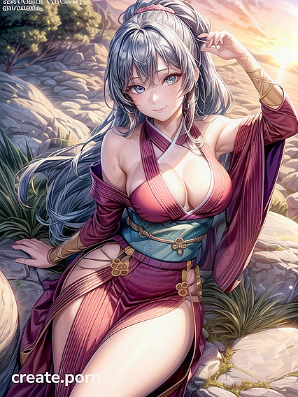 Blue-Haired Beauty in Kimono Shows Off Her Busty Charm in Seductive Hentai Scene