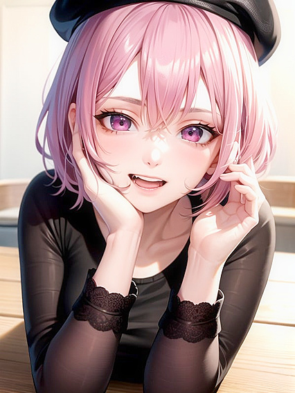 Girl 18+ with Pink Eyes and Hair Wears Beret for Hot Hentai Action