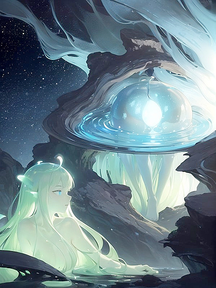 Slime Girl 18+ Enjoys Peaceful Pleasure in a Serene, Glow-Filled Dark Cave