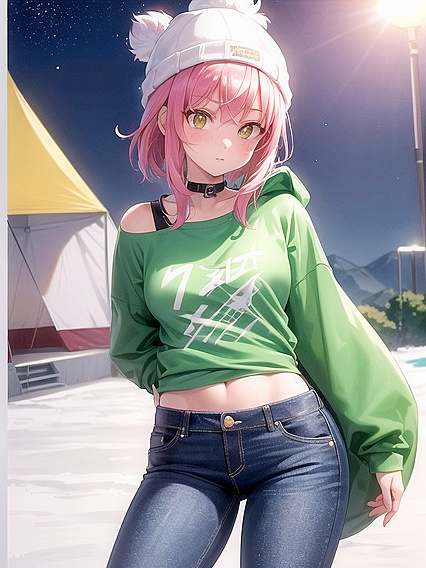 Nighttime hentai delight: Green-clad beauty with small ass seduces in steamy scenes