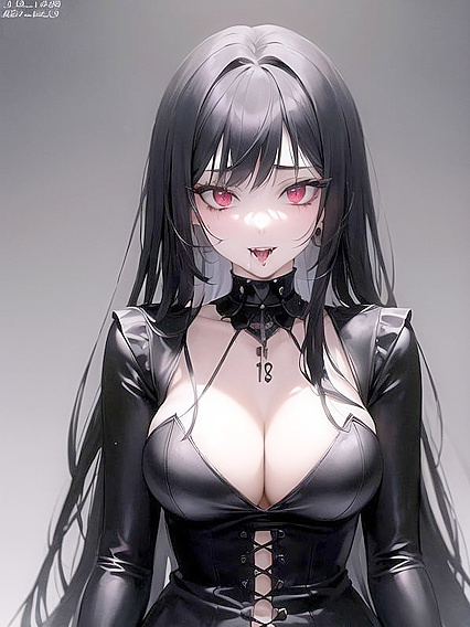 Gothic Beauty with Black Hair and Bloody Lips in Seductive Hentai Action